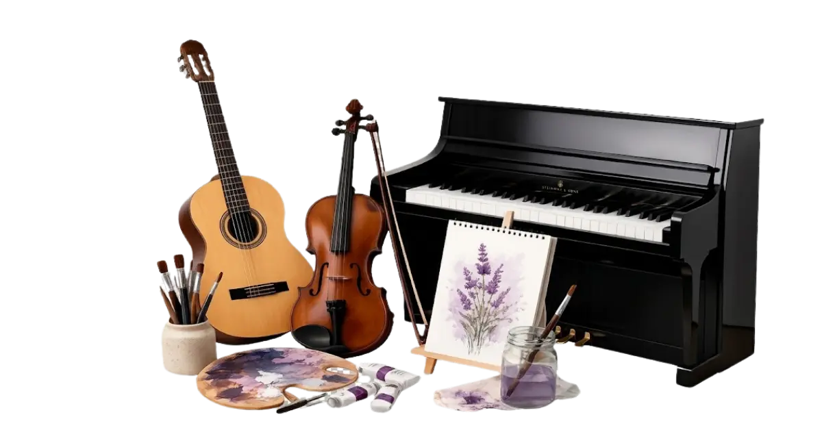 İstanbul’daki sanat okulları için müzik, resim ve yaratıcı drama kurslarını temsil eden gitar, keman, piyano ve resim malzemeleri görseli